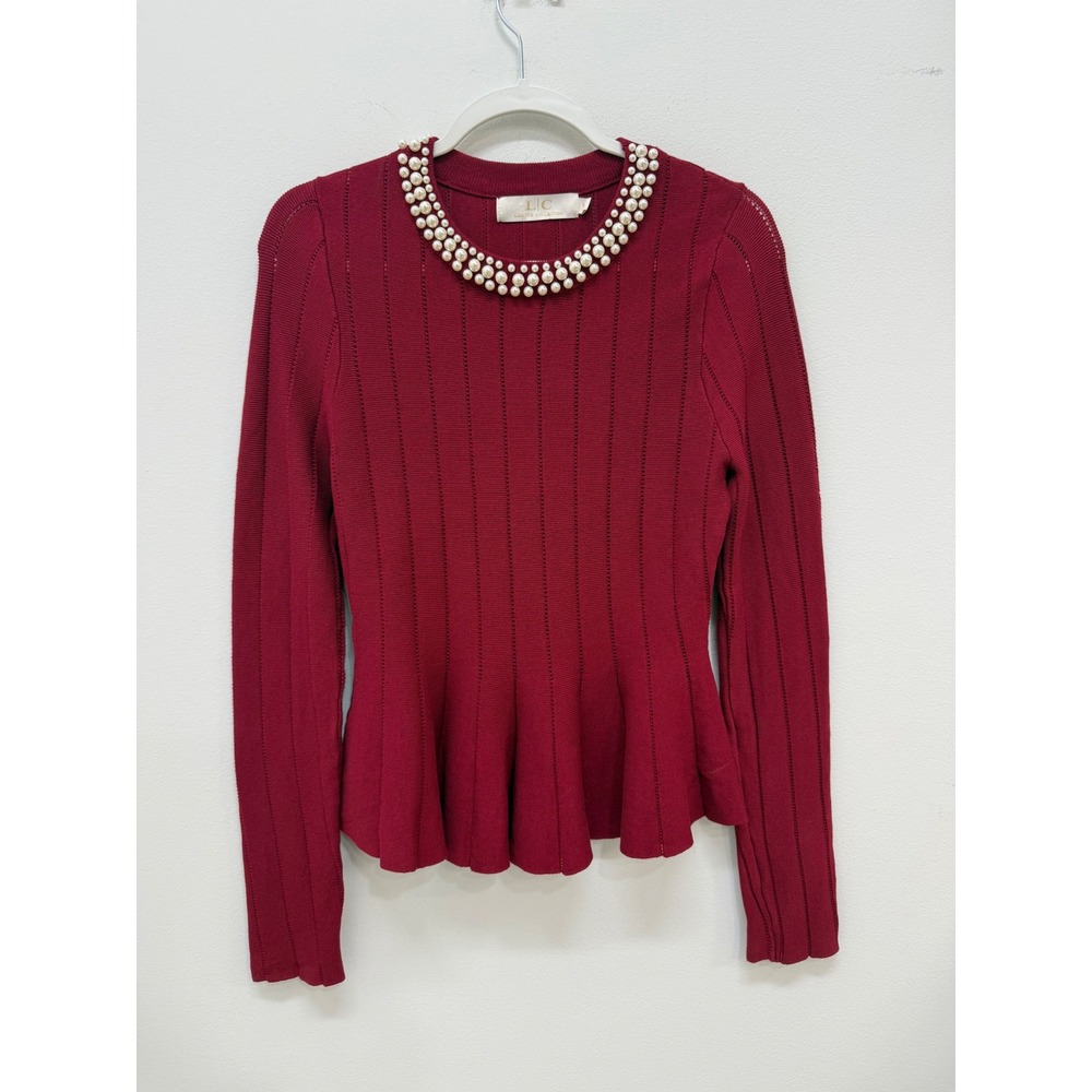 Peplum Sweater M Burgundy Pearl Neck Ribbed Knit Dinner Party